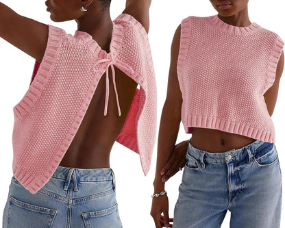 Combhasaki – Y2K Gebreid Mouwloos Vest met Open Rug en Strikdetail
