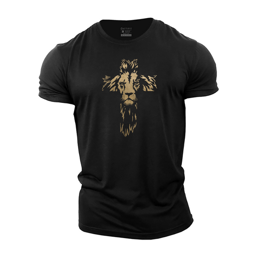 Lion Cross Katoenen T-shirt – Krachtige Print, Onmiskenbare Stijl